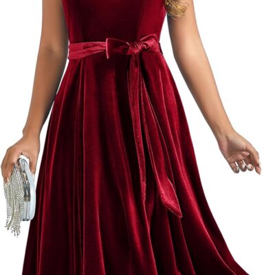 DRESSTELLS Velvet Cocktail Dresses for Women Wedding Guest, Winter Holiday Party Fit Flare Evening Dress
