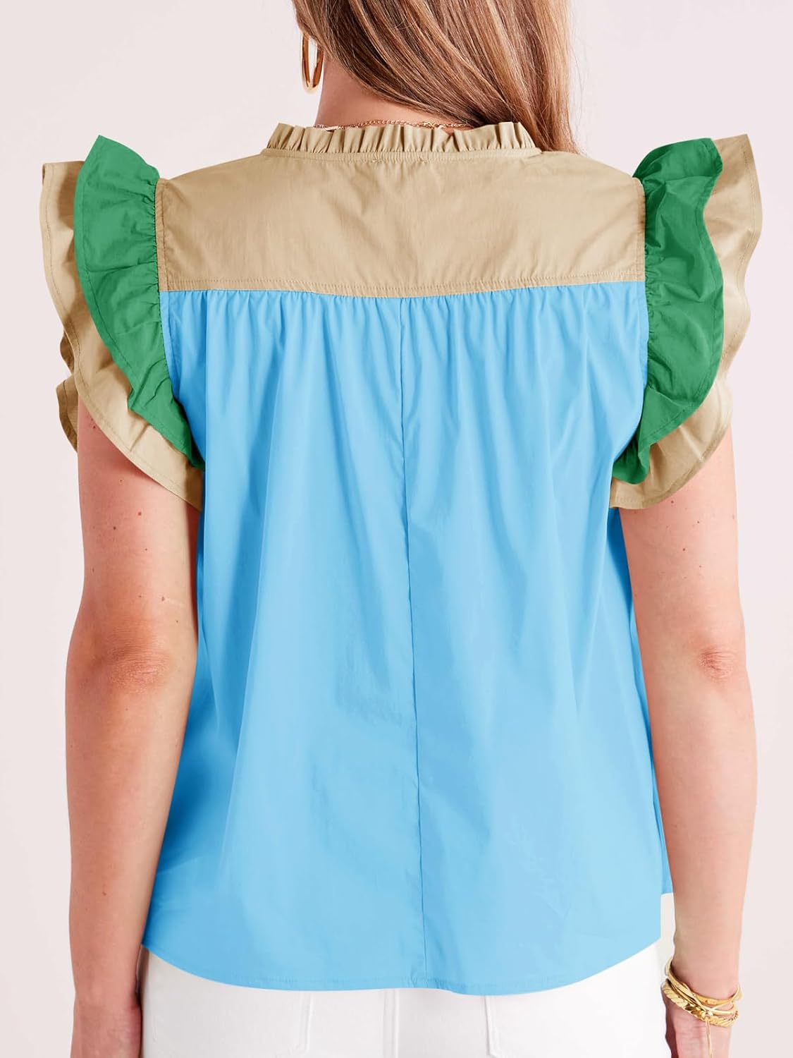 Tankaneo Womens Ruffle Color Block Tank Tops Summer Casual Dressy V Neck Pleated Blouse Loose Fit Sleeveless Shirts - Image 5