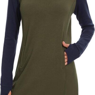 Lightbare Women’s Fleece Long Sleeve Dress Thermal Pullover Crew Neck Tunic Sweatshirt Dress with Pocket Winter Dresses