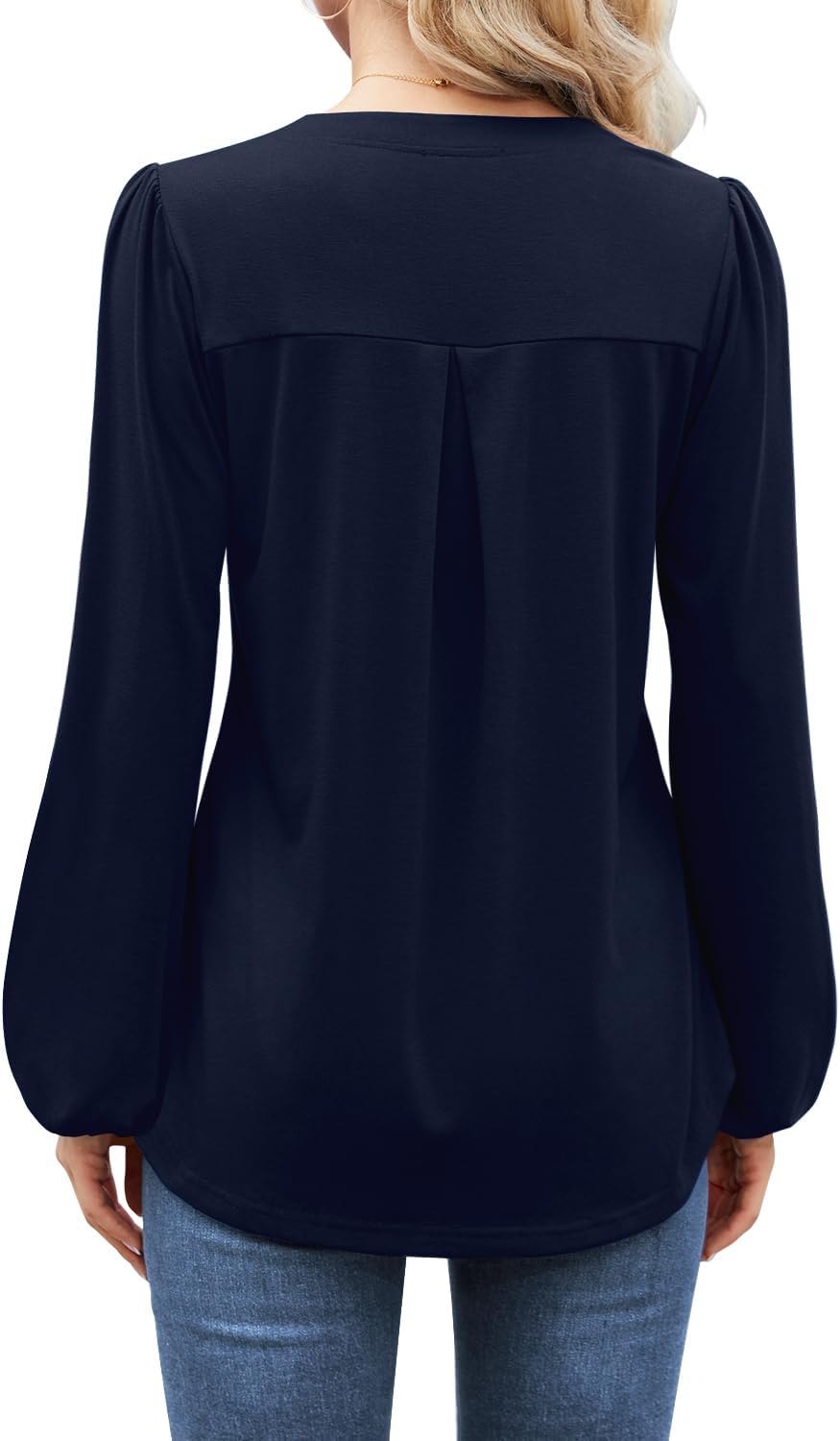 MIHOLL Women's V Neck Puff Long Sleeve T Shirts Pleated Casual Loose Tunic Blouse - Image 2