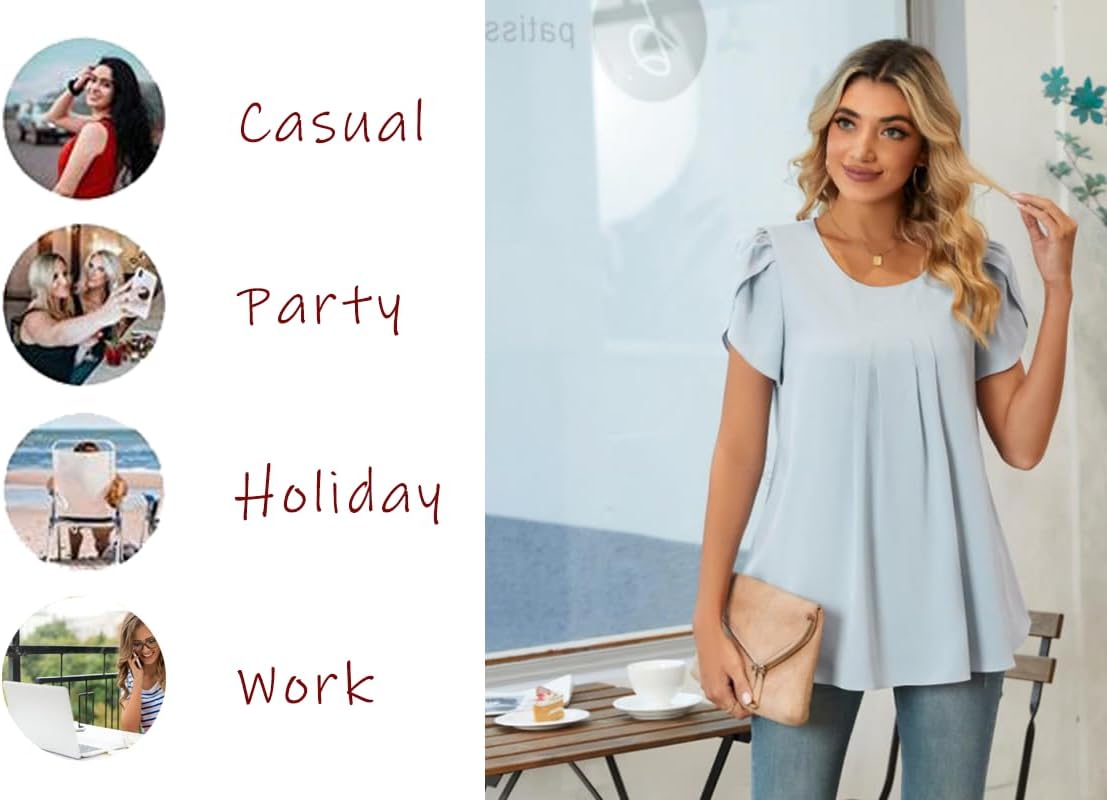 Bestbee Womens Plus Size Tops Dressy Casual Summer Chiffon Blouses Crew Neck Short Sleeve Shirts Business Pleated Tunics - Image 5