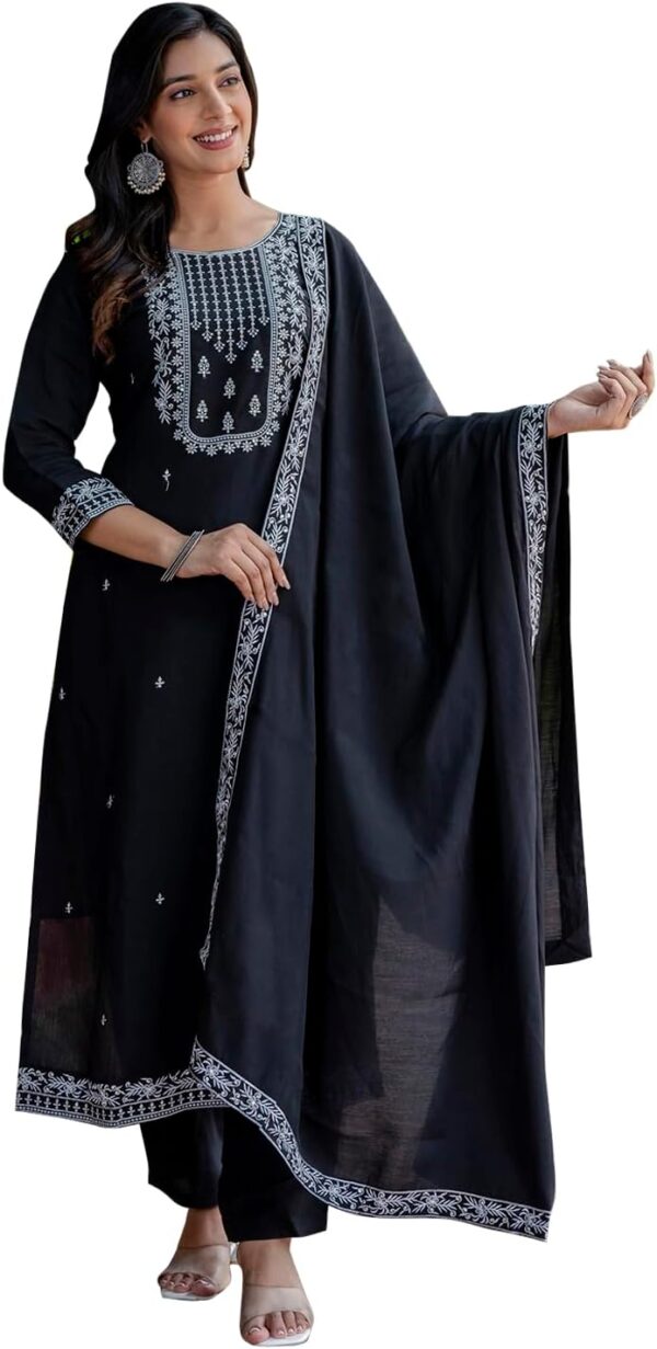 VredeVogel Women's Kurta Pant Set with Dupatta | Embroidered Viscose Roman Silk Kurta Set for Women