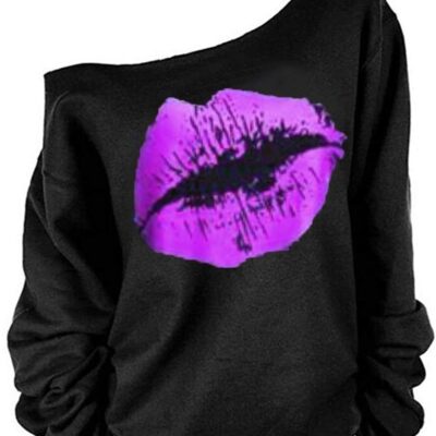 MAGICMK Woman’s Sweatershirt Lips Print Causal Blouse Off The Shoulder Long Sleeve Loose Slouchy Pullover Plus Size Tops