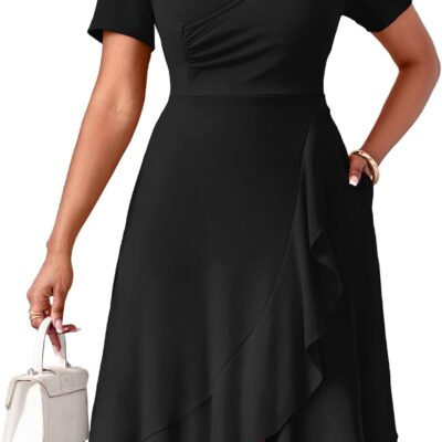 Women's Summer Casual Dress Wrap Short Sleeve Semi-Formal Ruffle Hem Ladies Dress for Wedding Guest