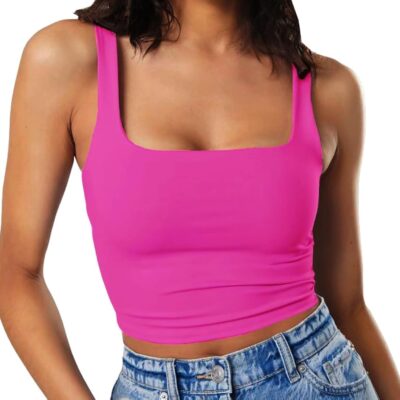 Artfish Women's Sleeveless Strappy Tank Square Neck Double Layer Workout Fitness Casual Basic Crop Tops