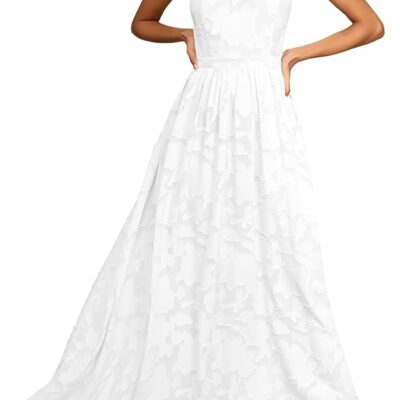 MITILLY Women's Summer Dresses 2025 Boho Halter Neck Sleeveless Smocked Floral Backless A Line Flowy Maxi Dress with Pockets