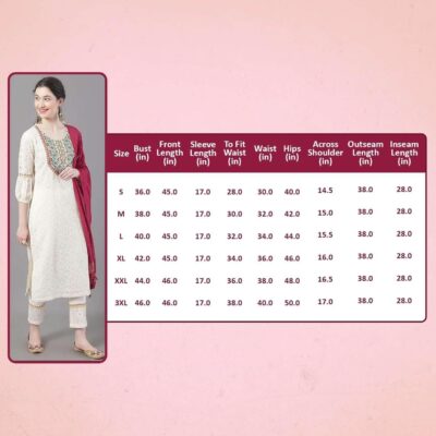 Women's Cotton Straight Off White With Red Hand Embroidered Kurta Pant Set With Dupatta (Size-L), Large