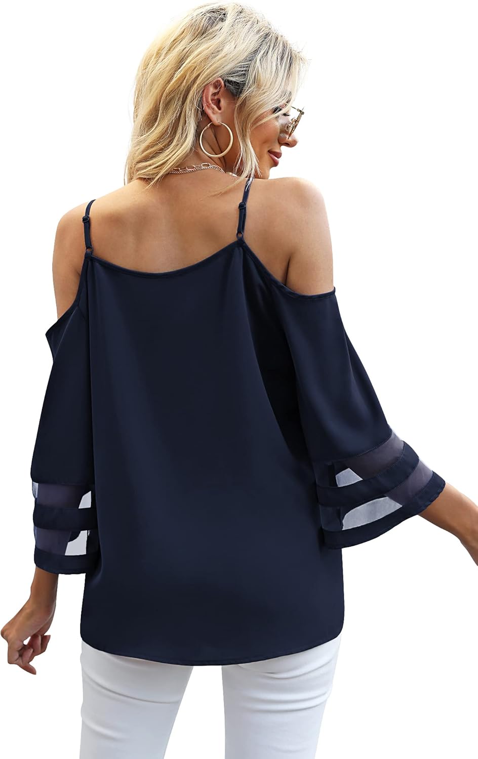 Jouica Womens Summer Cold Shoulder Tops Mesh Panel 3/4 Bell Sleeve Tees Adjustable Spaghetti Strap Loose Fit Shirts - Image 4