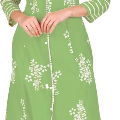 ladyline Cotton Lace Long Tunic Top Button Down Princess Front Slit Indian Kurti Kurta Dress