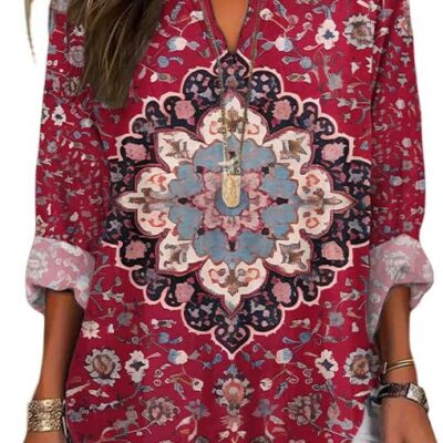 HOTYD Long Sleeve V Neck Boho Blouses for Women Dressy Casual Round Hem Vintage Graphic Shirts Loose Fit Pullover Floral Tops