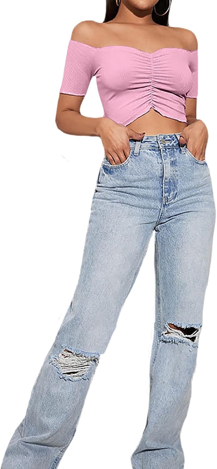 LYANER Women's Off Shoulder Ruched Short Sleeve Rib Knit Sexy Crop Top Blouse - Image 3