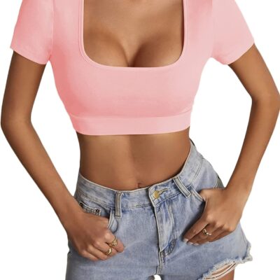 LYANER Women's Summer Crop Tops Square Neck Short Sleeve Workout Shirt Going Out Sexy Top Basic Slim Fit Tees