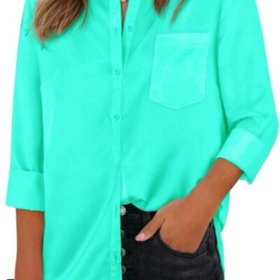 Womens Button Down Shirts Dress Shirts Long Sleeve Collared Blouses V Neck Work Office Tunic Chiffon Tops