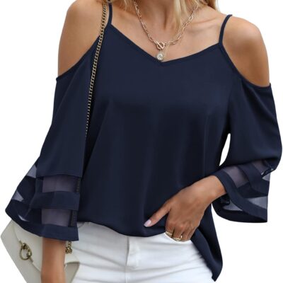 Jouica Womens Summer Cold Shoulder Tops Mesh Panel 3/4 Bell Sleeve Tees Adjustable Spaghetti Strap Loose Fit Shirts