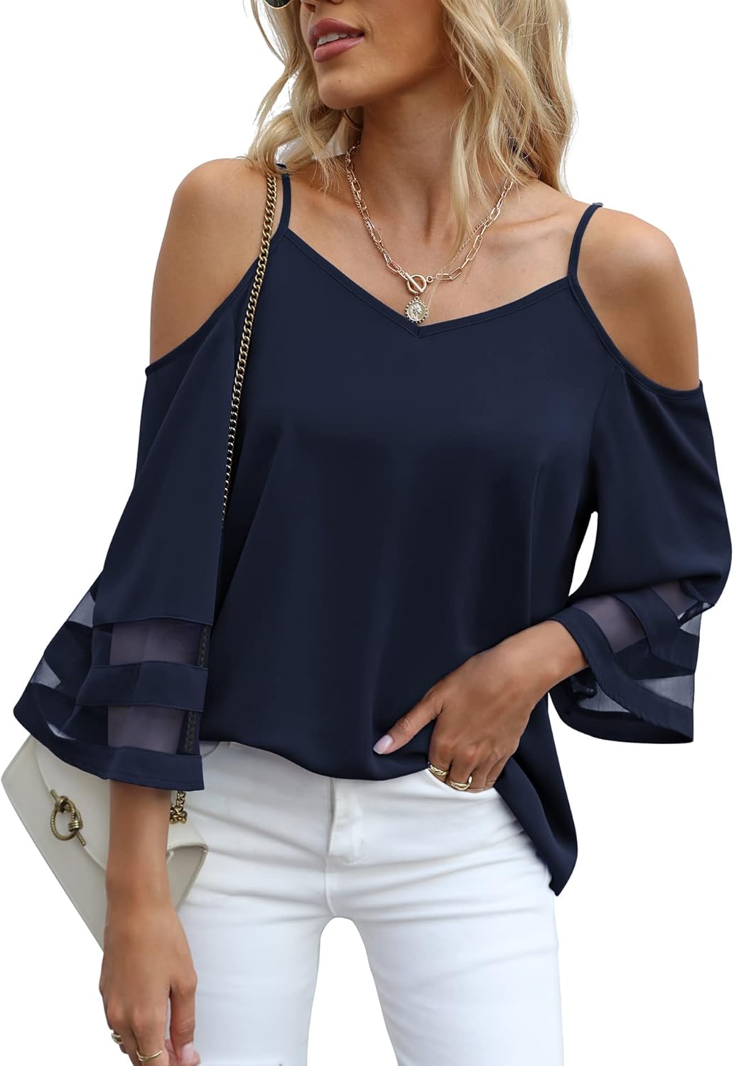 Jouica Womens Summer Cold Shoulder Tops Mesh Panel 3/4 Bell Sleeve Tees Adjustable Spaghetti Strap Loose Fit Shirts