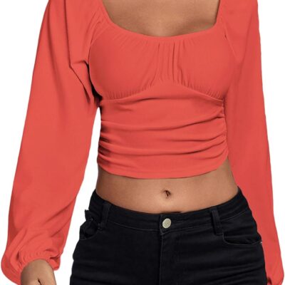 LYANER Women's Off Shoulder Ruched Lantern Sleeve Sexy Crop Top Tube Blouse