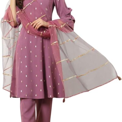 Women's Flared Lavender Crepe Kurta and Pant with Stylish Dupatta