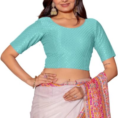 Women's Round Neck Cotton Dobby Lycra Elbow Sleeve Readymade Saree Blouse