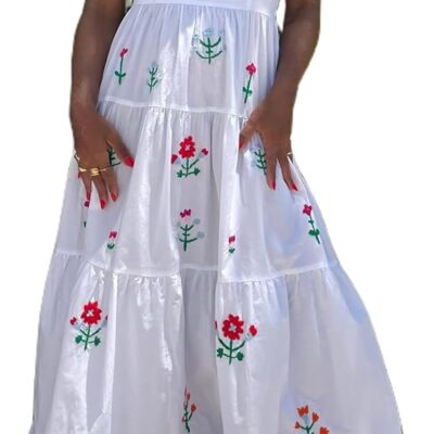 Women Embroidered Maxi Dress Sleeveless Smocked Flowy Sundress Boho Summer Long Dresses Beach Vocation