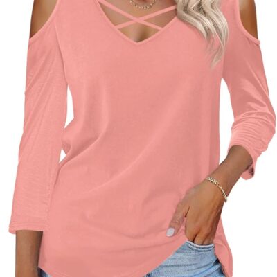 Amoretu Womens Summer Shirts 3/4 Long Sleeve V Neck Criss Cross Cold Shoulder Tops Blouse
