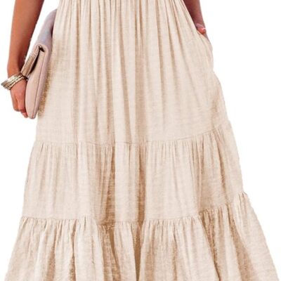 AlvaQ Women Summer Dresses Sleeveless Smocked Midi Dress High Waist Casual Tiered A Line Sundress with Pockets
