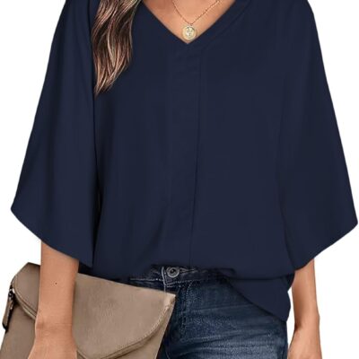 Happy Sailed Womens Dressy Casual Blouses Spring Summer 3/4 Sleeve V Neck Paisley Print Tops Ladies Business Work Shirts