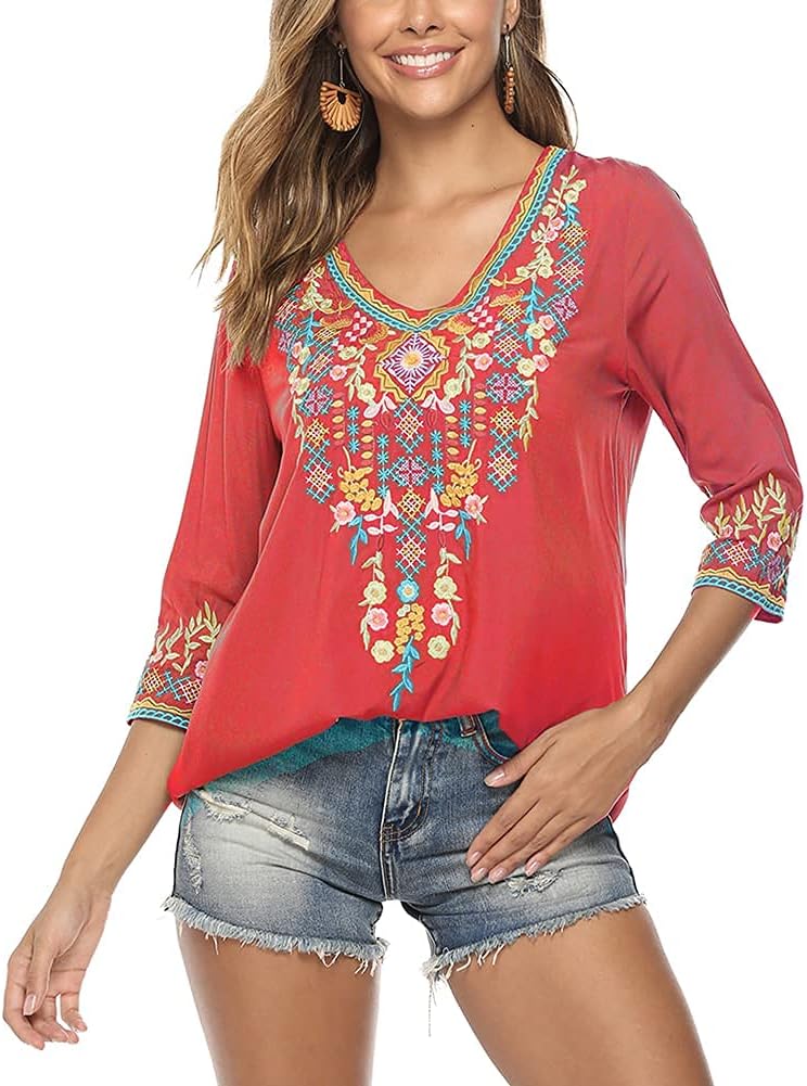 Grosy Womens Casual Summer Tops, Hippie Clothes, Traditional Floral Embroidered Boho Shirt, Mexican Peasant Blouses for Women - Image 3