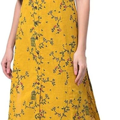 ladyline Women's Cotton Ethnic Printed Tunic Top Front Slit Roll-Up Sleeves Buttons Down Neck Pocket Long Kurti Kurta