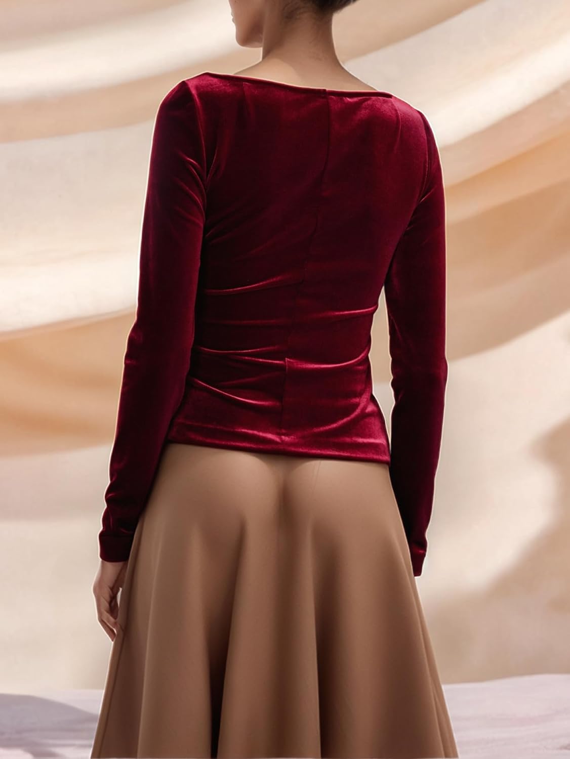 Velvet Tops for Women Boat Neck Long Sleeve Slim Fitted Blouse Casual Going Out Business Shirts - Image 6