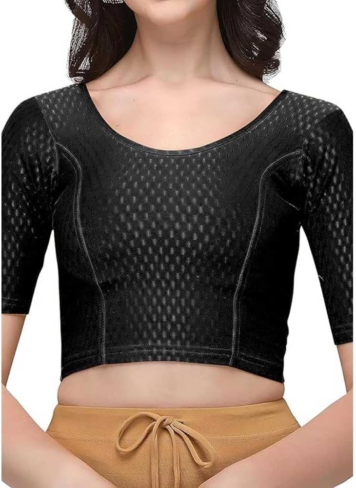 Cotton Lycra Stretchable Sari Blouse Round Neck Half Sleeve Dry Fit Workout Crop Top Gym Sports Top for Women - Image 5