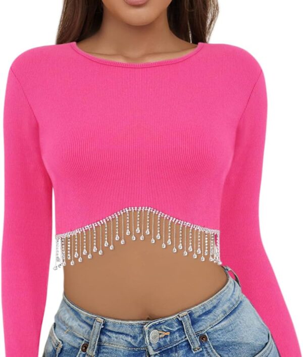 Womens Crewneck Long Sleeveed T-Shirts Sparkly Rhinestone Fringed Crop Tops Slim Tunic Blouse Casual Streetwear