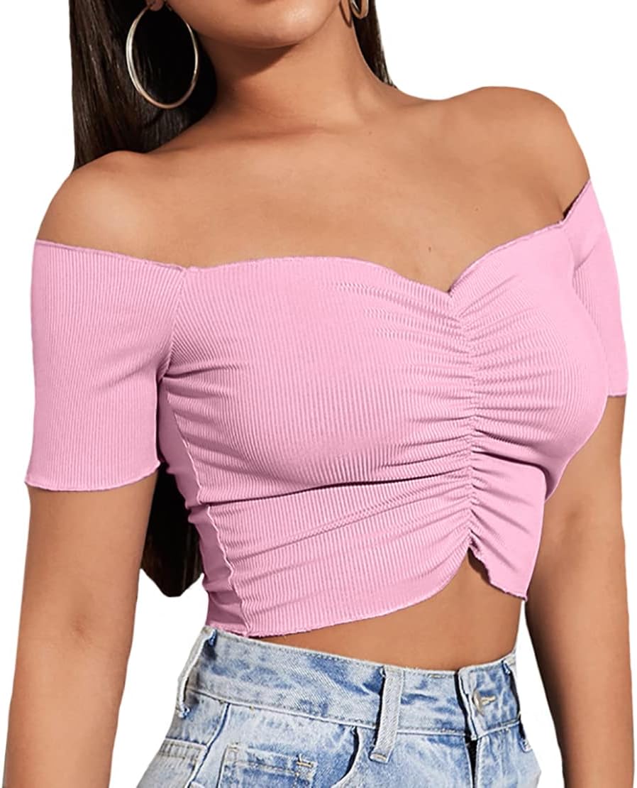 LYANER Women's Off Shoulder Ruched Short Sleeve Rib Knit Sexy Crop Top Blouse