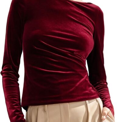 Velvet Tops for Women Boat Neck Long Sleeve Slim Fitted Blouse Casual Going Out Business Shirts