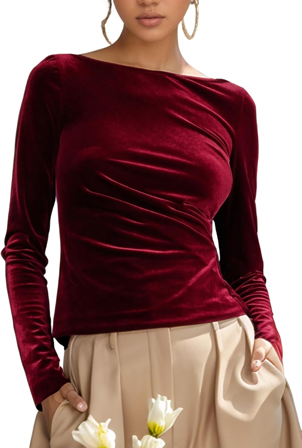 Velvet Tops for Women Boat Neck Long Sleeve Slim Fitted Blouse Casual Going Out Business Shirts