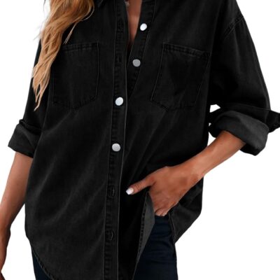 Women's Casual Button Down Denim Shirt Long Sleeve Boyfriend Oversized Jean Jacket with Pockets