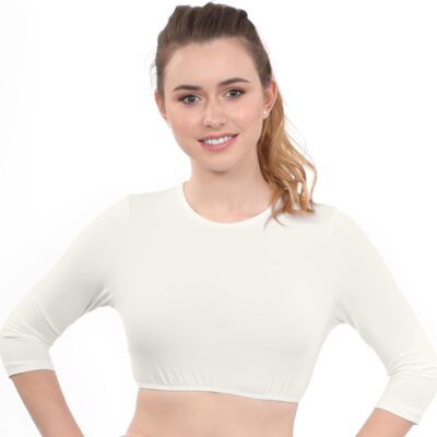 Kosher Casual Women's Modest High Neck Cropped Layering Shell - Cotton Spandex 3-4 Sleeve Base Pullover Top