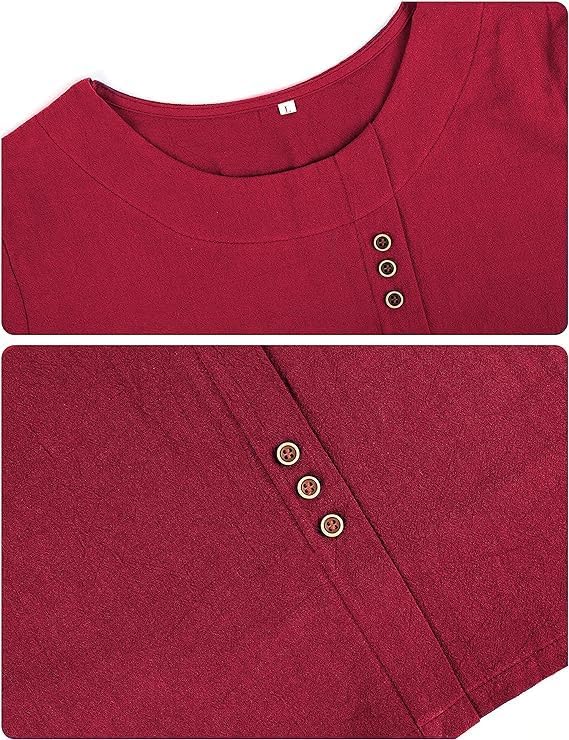 Women's Cotton Linen Shirts Short Sleeve Crewneck Blouse Button Casual Loose Fit T Shirt Tunic Tops for Summer - Image 5