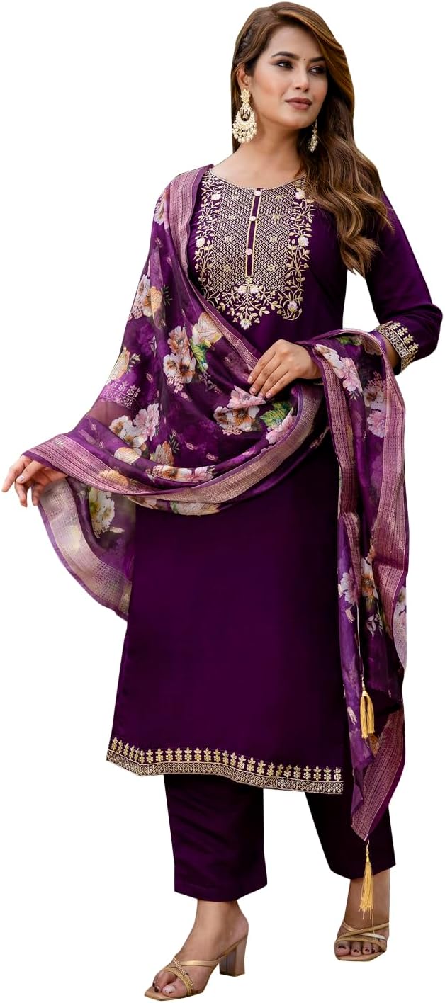 VredeVogel Women's Kurta Pant Set with Dupatta | Embroidered Viscose Roman Silk Kurta Set for Women