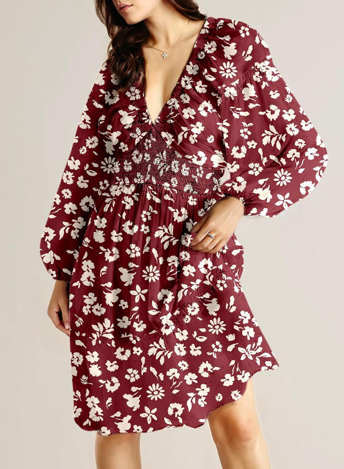Dokotoo Womens Dresses 2025 Boho Floral V Neck Long Sleeve Smocked Elastic Waist Casual A-Line Swing Mini Dress Sundress - Image 3