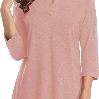 Rinethy 3/4 Sleeve Raglan Shirts for Women Color Block Henley Blouse Button Tunic Tops