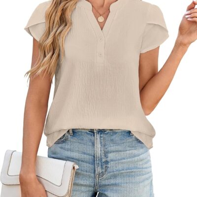 SimpleFun Womens Dressy Casual Tops Petal Short Sleeve Work Blouses Business V Neck Button Down Shirts