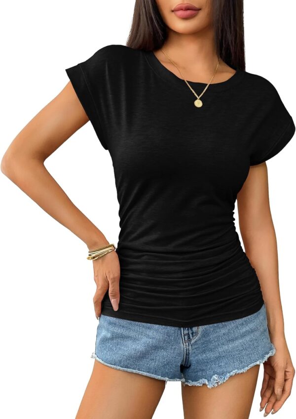 Zeagoo Womens T Shirts Cap Sleeve Ruched Tops Crewneck Business Tee Blouse Basic Soft Casual Tunic 2025 Summer Clothes S-3XL - Image 5