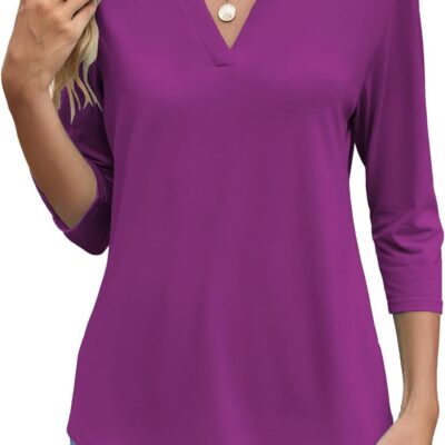 Sherosa Women's 3/4 Sleeve Shirts V Neck Casual Henley Work Tops Blouses