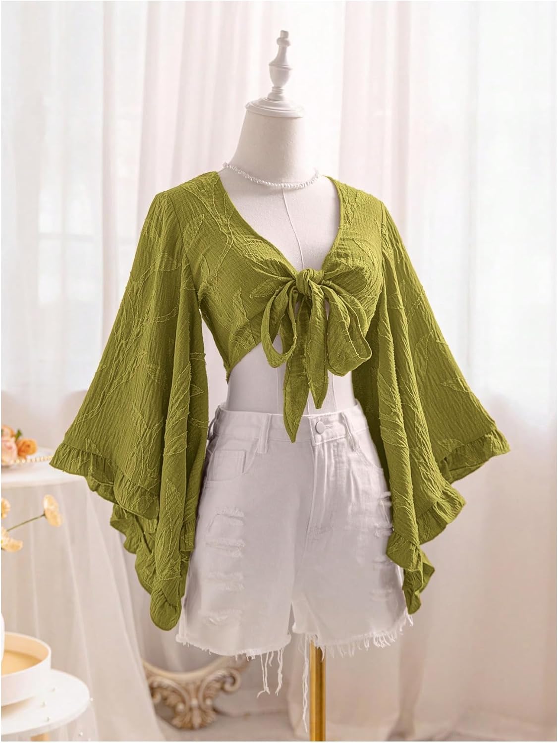 Women's Floral 70s Top Hippie Shirt Bow Tie Front Disco Deep V Ruffle Blouse Long Bell Sleeve Boho Crop Tops - Image 5