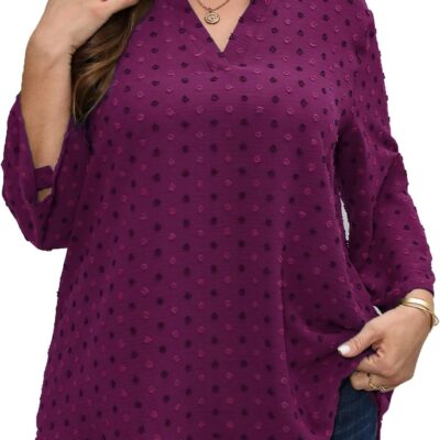 Plus Size Swiss Dot Blouses for Women Casual 3/4 Length Sleeve Tops