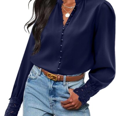 Neweek Womens Button Down Shirts Lace Cuff Long Sleeve Chiffon Dressy Tops Band Collar Fall Business Casual Blouses 2025