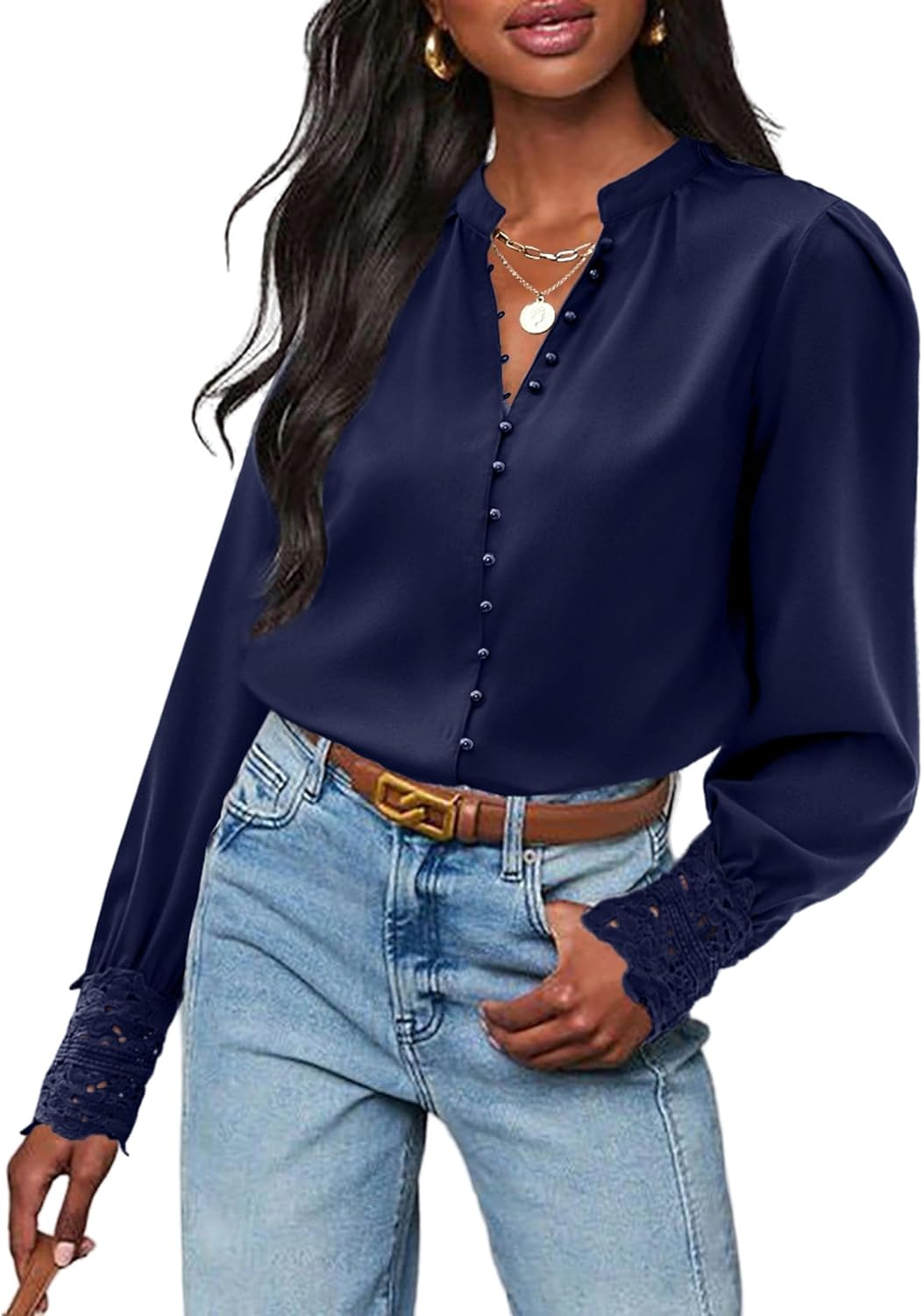 Neweek Womens Button Down Shirts Lace Cuff Long Sleeve Chiffon Dressy Tops Band Collar Fall Business Casual Blouses 2025