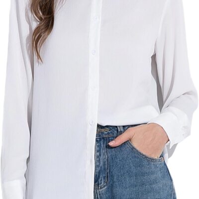 Women's Button Down Shirt Textured Chiffon Blouse Classic Collared Top Casual Work Office Blouse