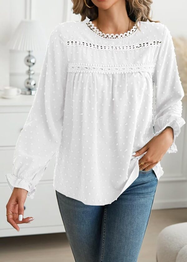 Womens Boho Tops Long Sleeve Shirts For Women Cute Crewneck Blouse Dressy Casual Swiss Dot Crochet Hollow Top 2025 - Image 2