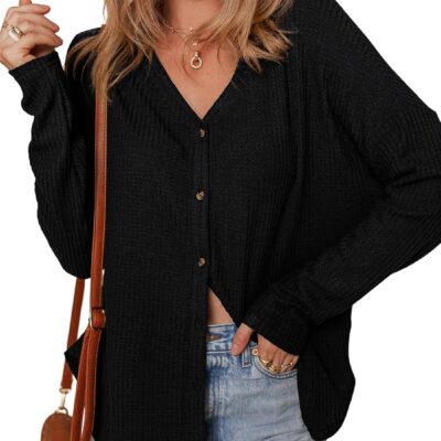Dokotoo Women's Casual V Neck Waffle Knit Button Down Long Sleeve Shirts Loose Tops